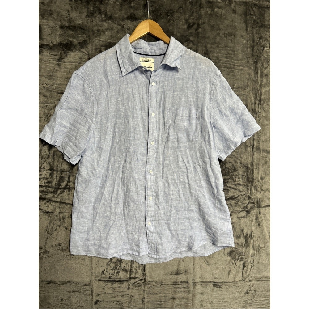 THOM AARON Men's Large‎ 100% Linen Button Shirt European Flax Blue Short Sleeve